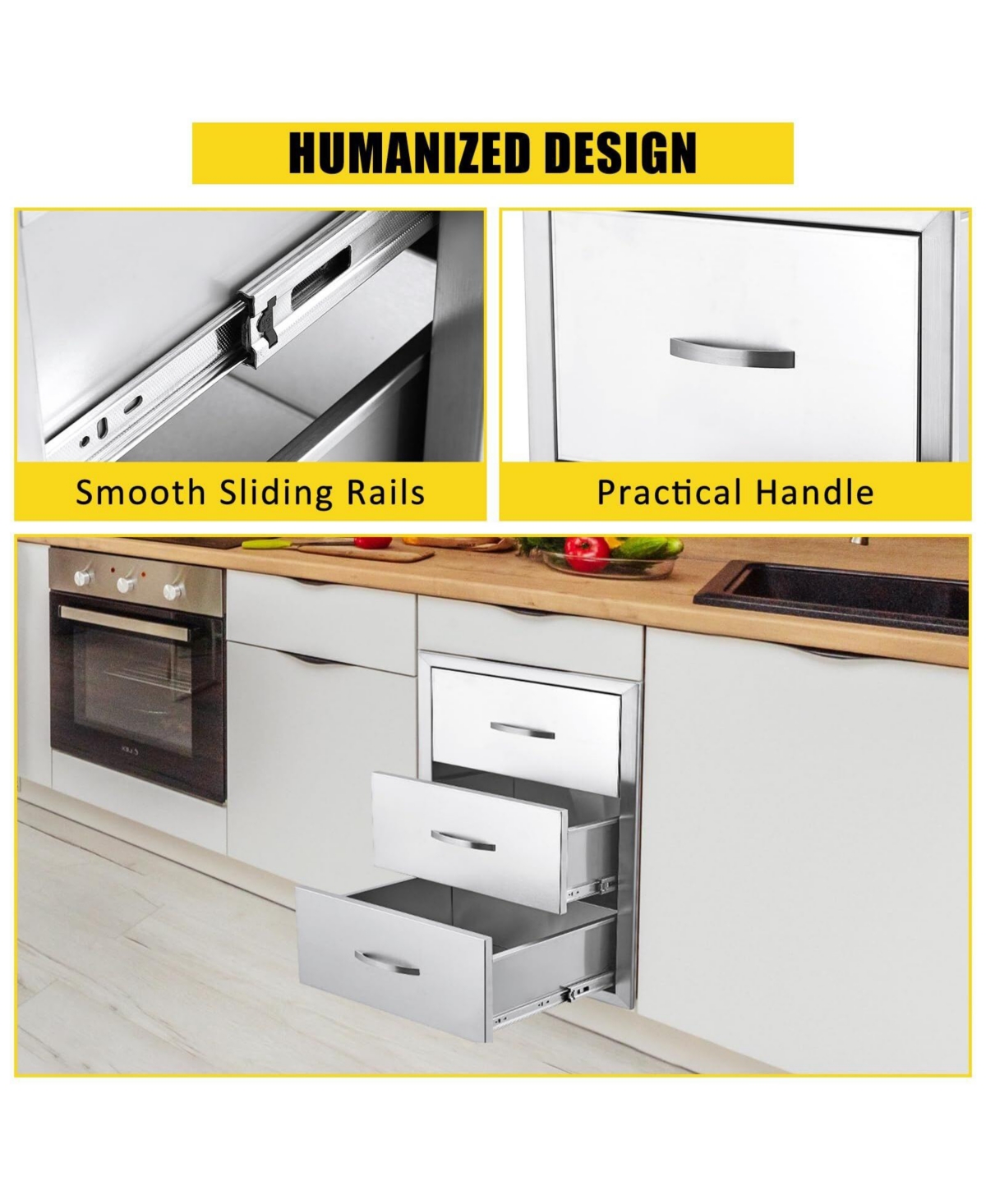 gaomon Outdoor Kitchen Drawers, Stainless Steel Flush Mount Triple Bbq Storage Drawers, 20W x 23D x 27H Inches Built-in Access Drawers with Venting Pa