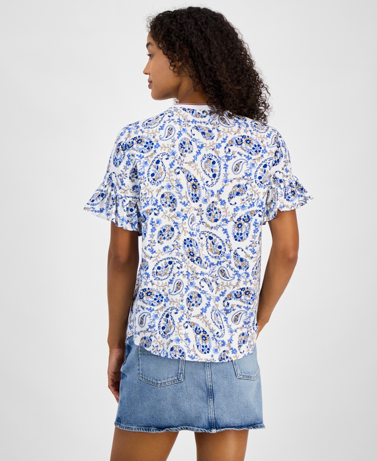Tommy Hilfiger Women's Paisley-print Ruffle-sleeve Top In Blue