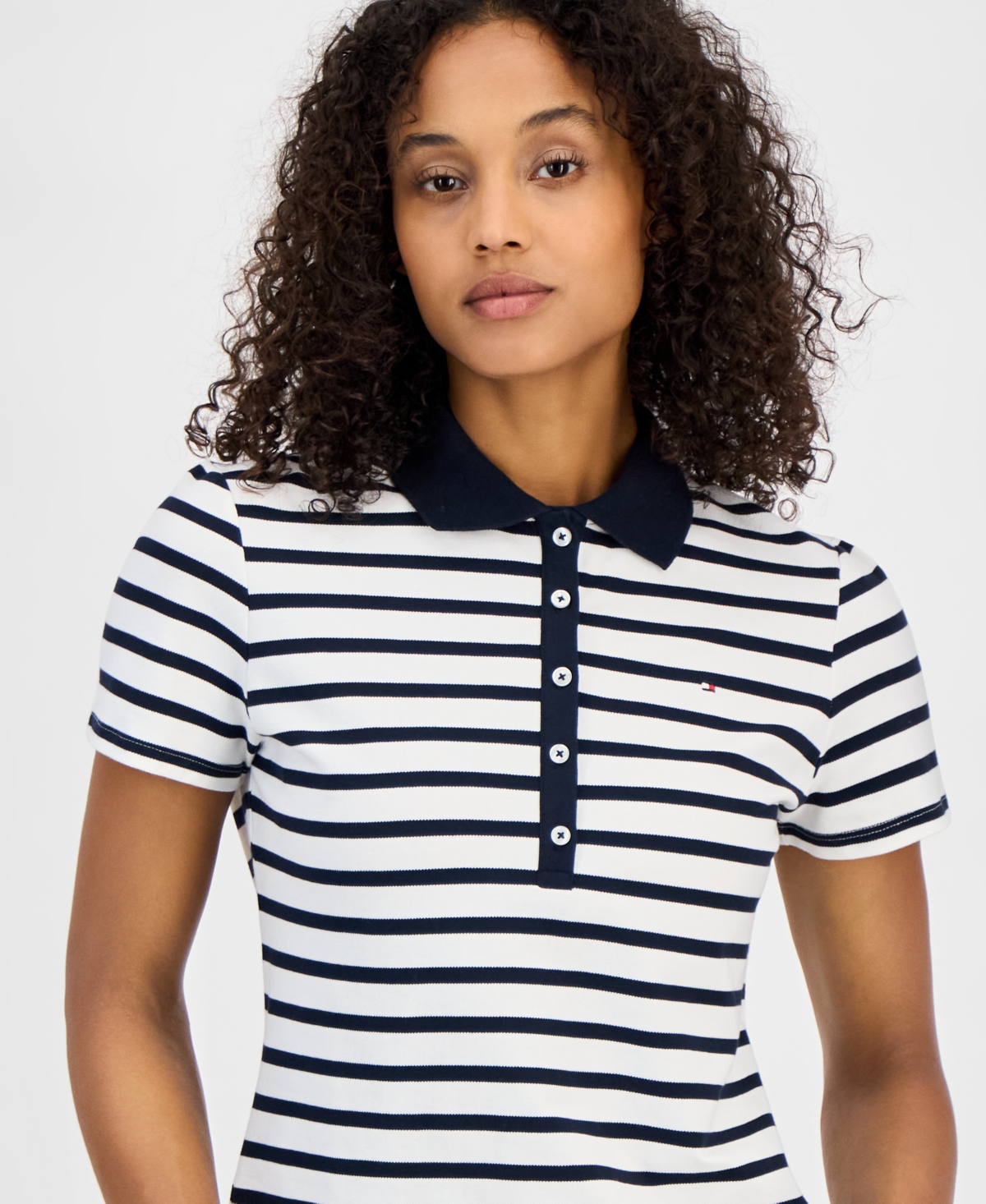 Tommy Hilfiger Women's Striped Short-sleeve Polo Shirt In Bright White,sky Captain