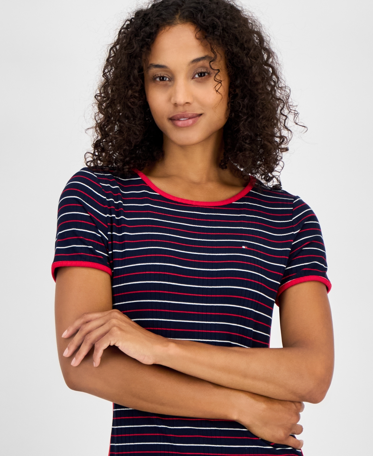 Tommy Hilfiger Women's Striped Short-sleeve Midi Dress In Sky Captain Multi