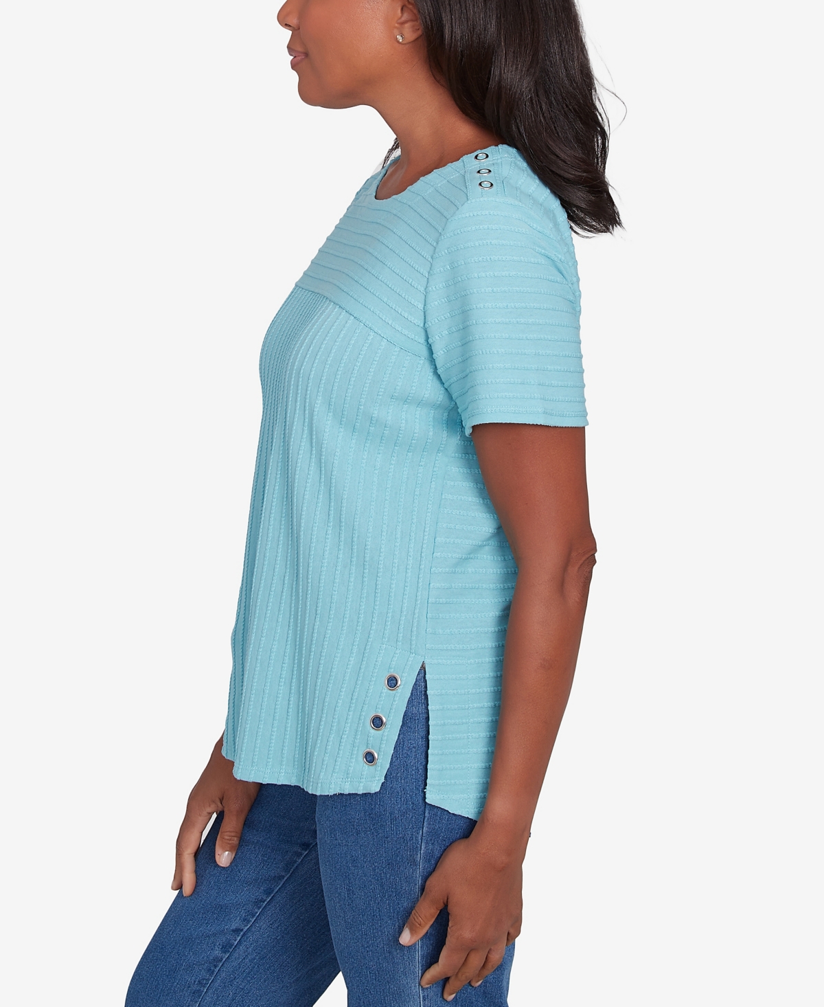 Alfred Dunner Petite Classics Solid Textured Short Sleeve T-shirt In Aqua
