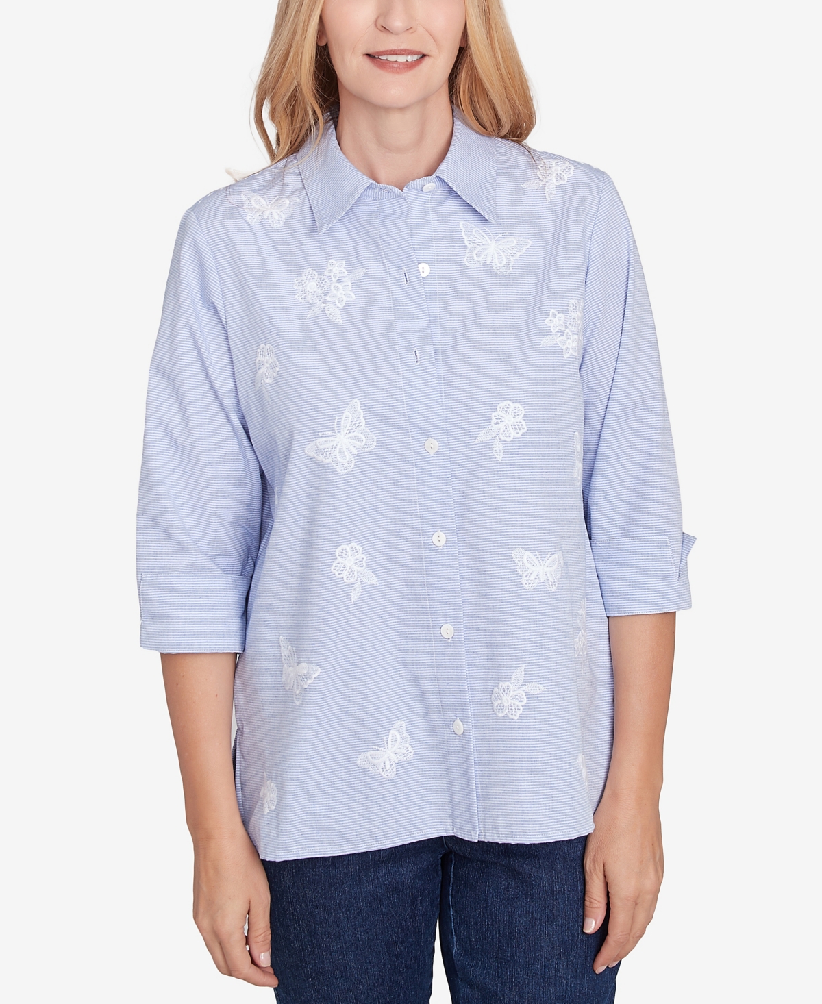 Classic Women's Striped Woven Butterfly Button Down Top - Blue