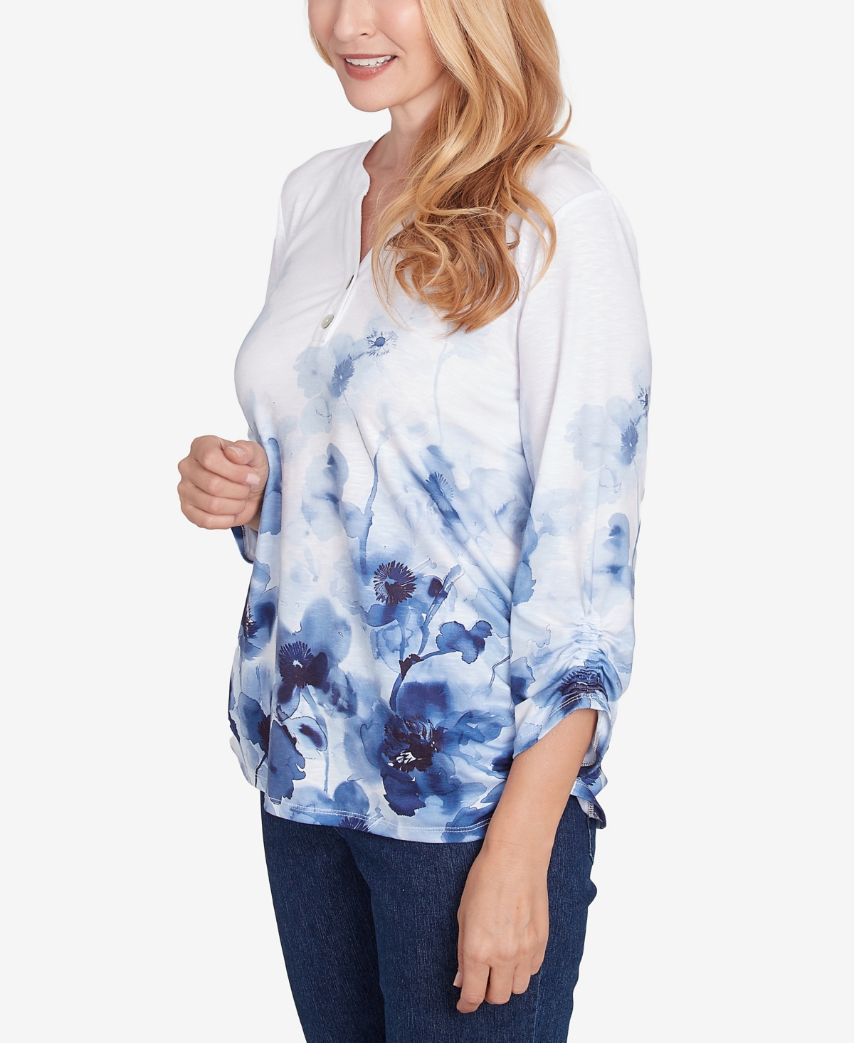 Alfred Dunner Petite Classics Floral Border Ruched Sleeve Henley Top In Navy Multi