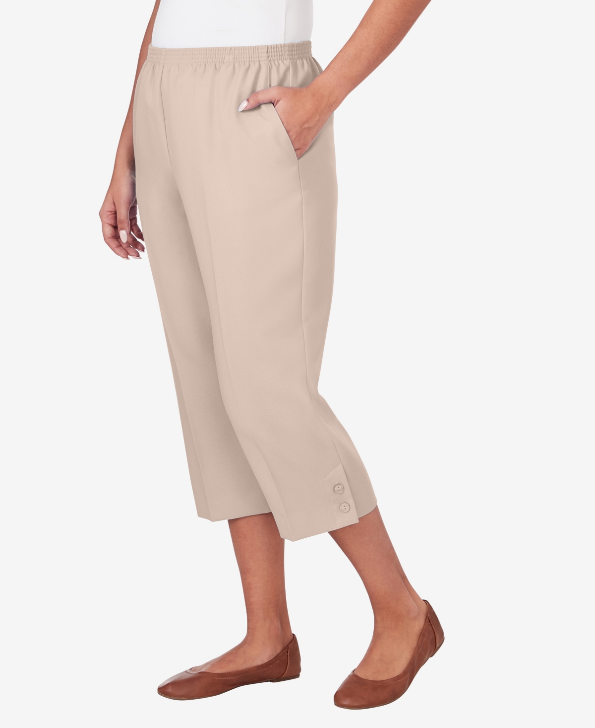 Alfred Dunner Petite Classic Stretch Waist Accord Button Hem Capri Pants In Tan