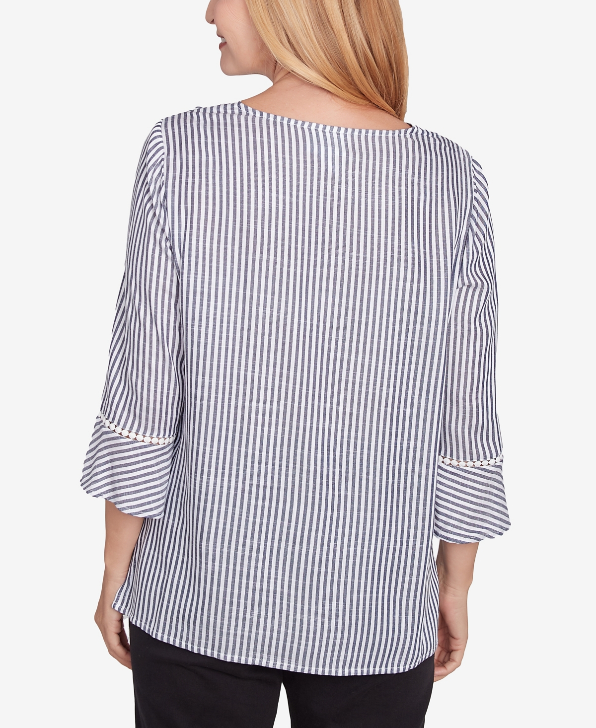 Alfred Dunner Women's Classic Embroidered Split Neck Striped Top In Black,white