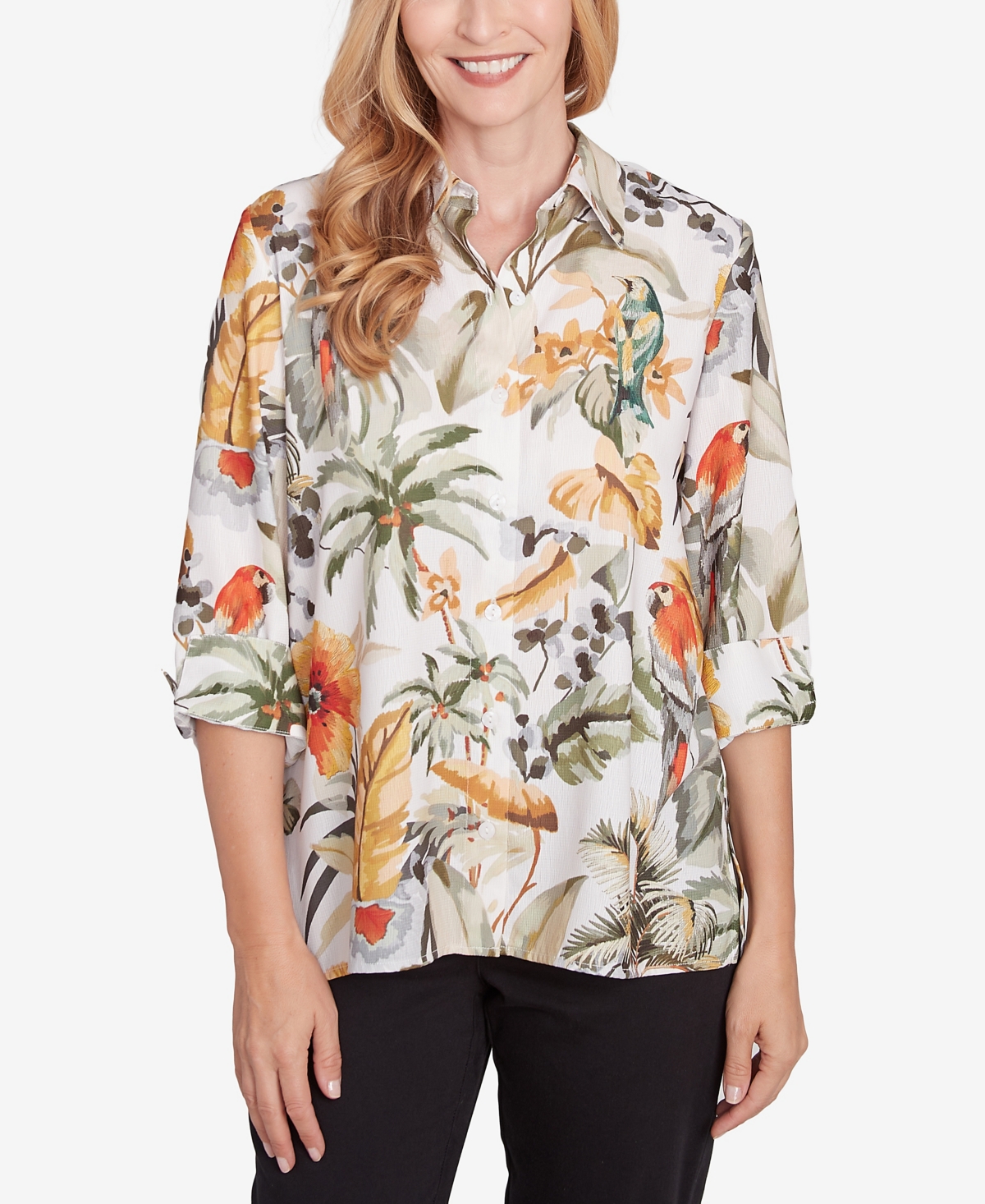Alfred Dunner Petite Classics Tropical Bird Button Front Top In Olive Multi