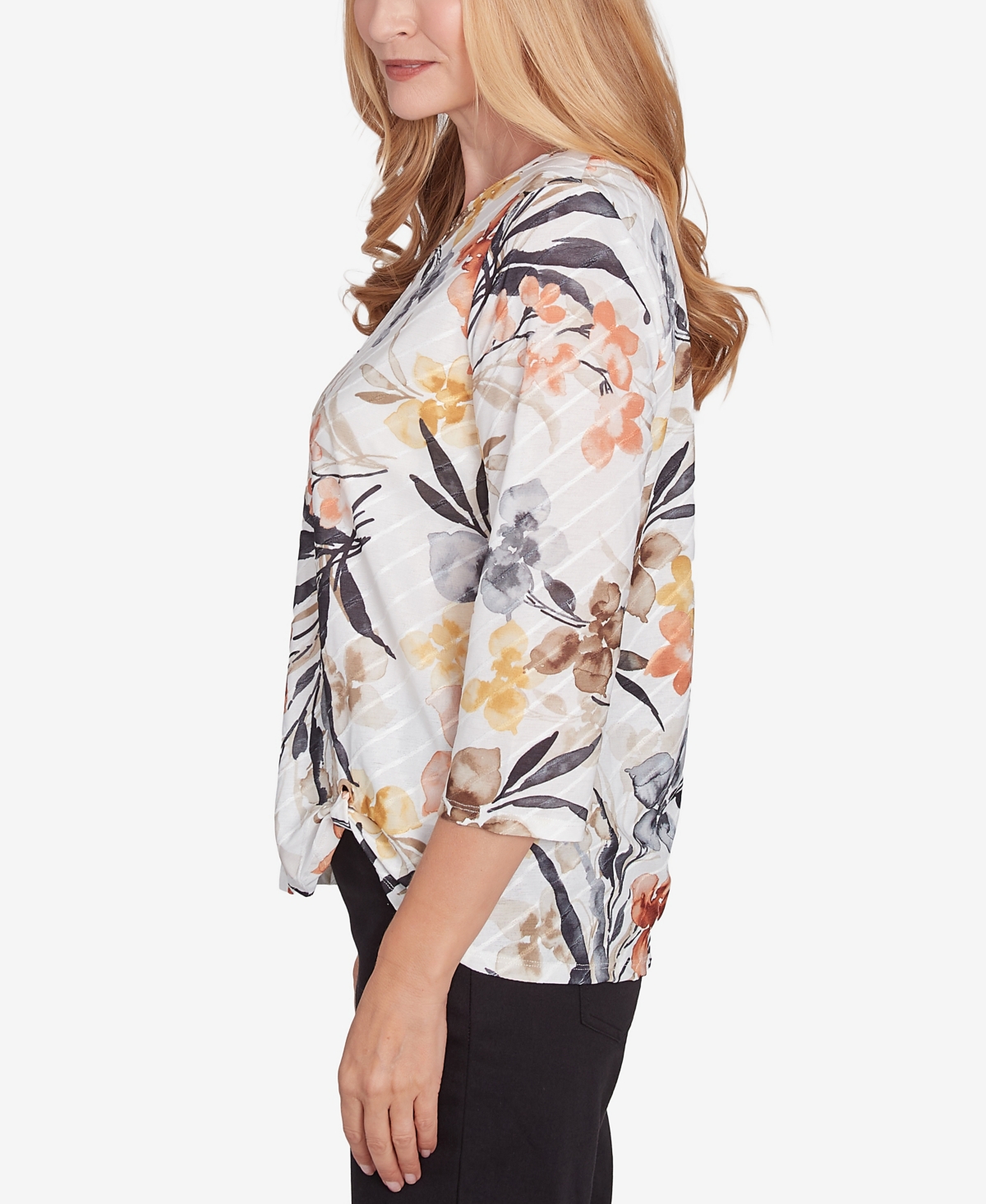 Alfred Dunner Petite Classics Watercolor Floral Crewneck Top In Neutral Multi