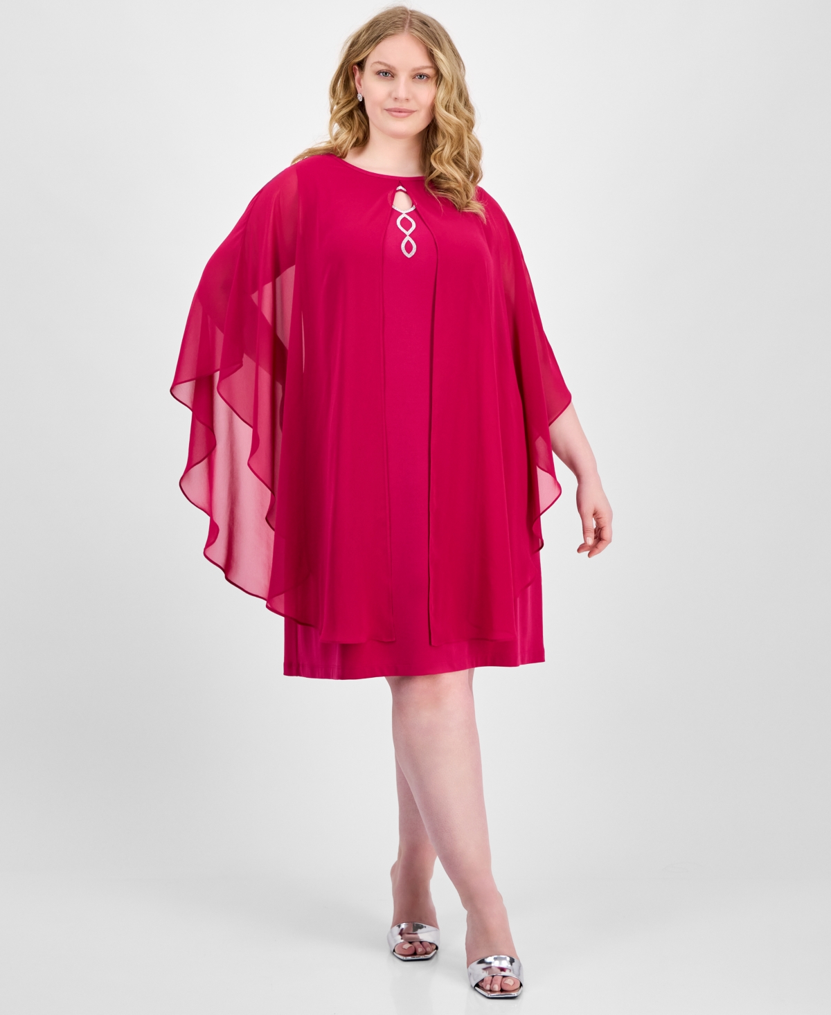 Connected Plus Size Cape-overlay Sheath Dress In Deep Fuschia