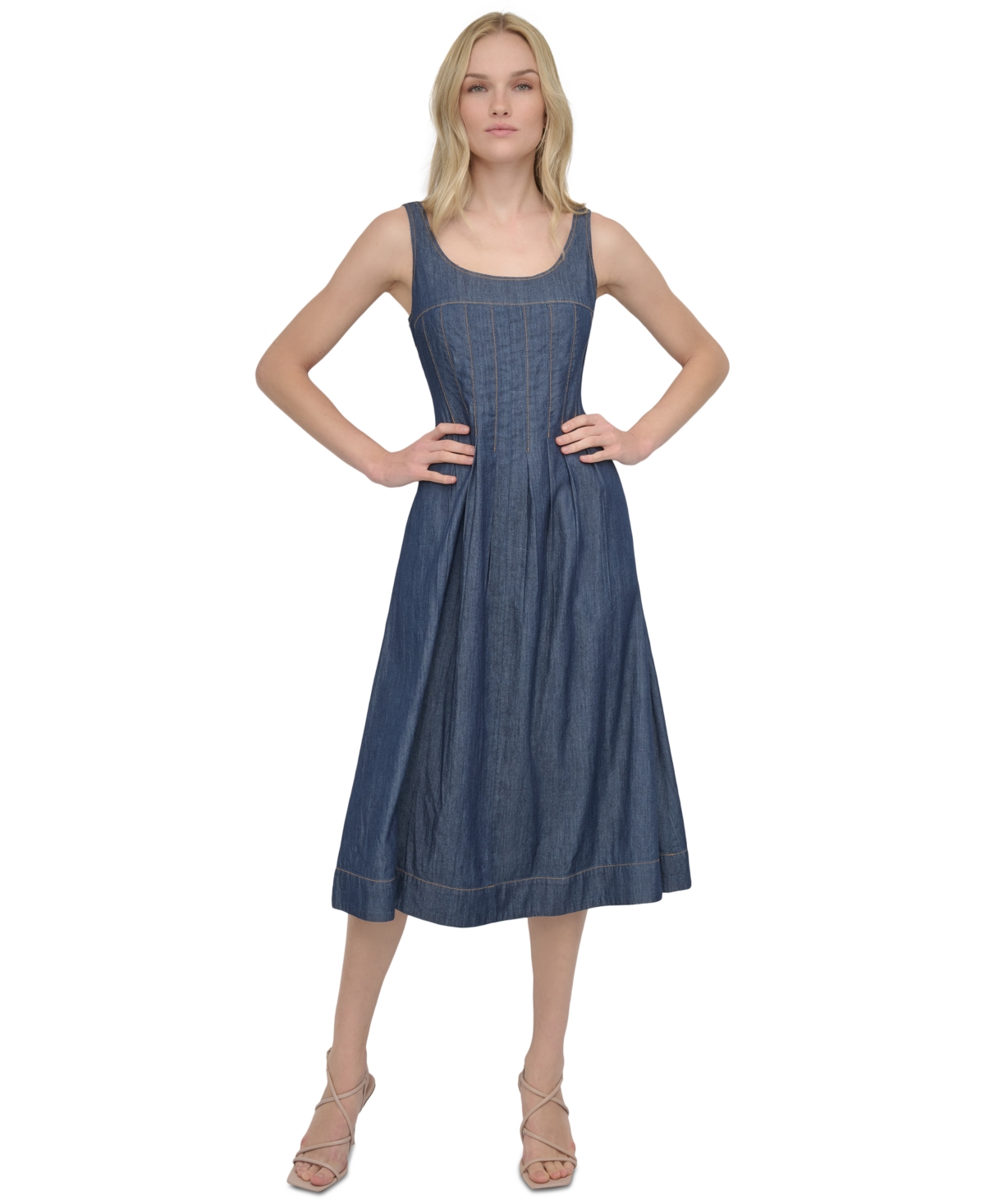 Dkny Petite Scoop-neck Sleeveless Fit & Flare Denim Dress In Dark Benson