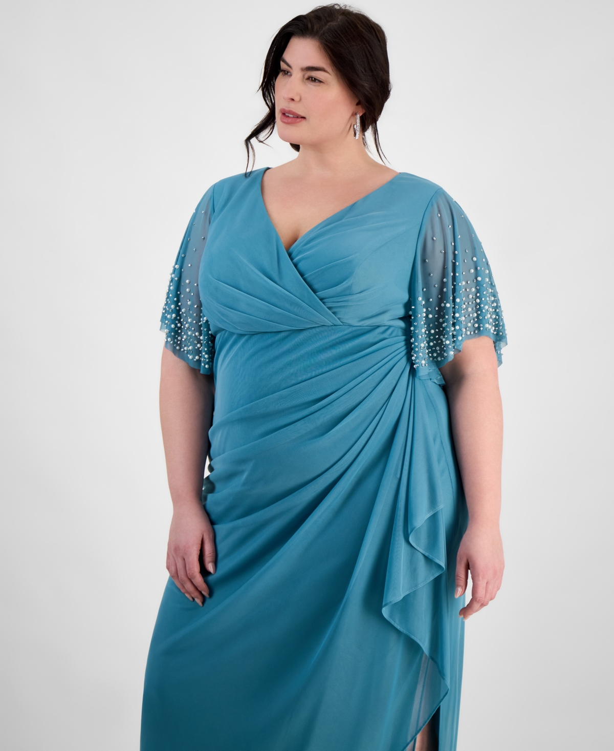 Alex Evenings Plus Size Embellished-sleeve Draped Chiffon Gown In Teal