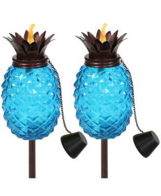 Outdoor Adjustable Height 3-in-1 Glass Pineapple Torch Set with Snuffers and Metal Poles, 2-Pack