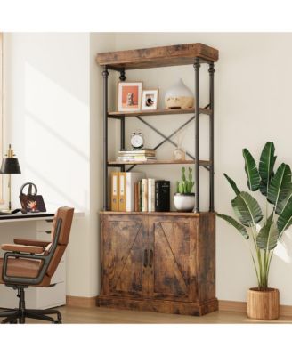 Tall Bookshelf with Doors Industrial Bookcase Freestanding Shelf Units Wood and Metal Book Shelf Storage Organizer for Bedroom