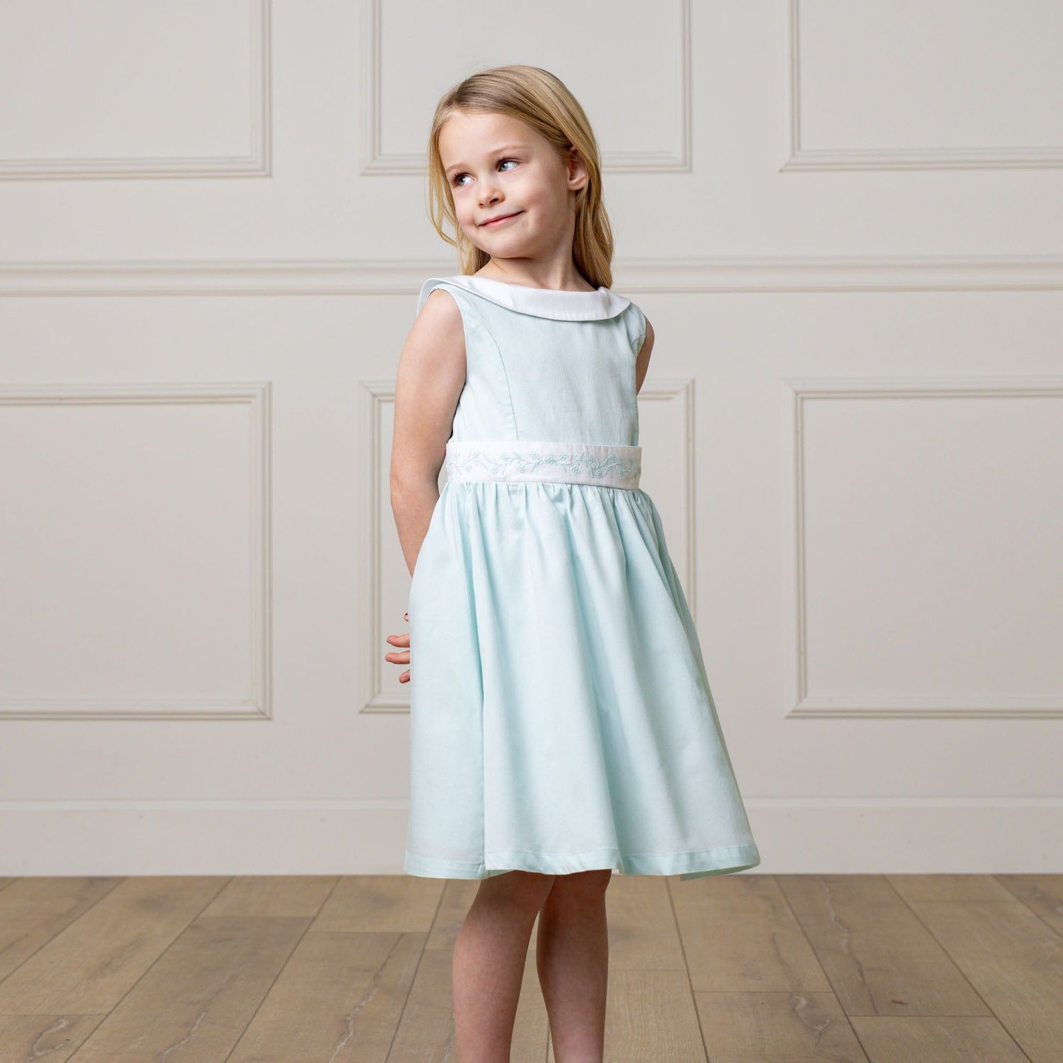 Toddler Girls Hope and Henry Heirloom Round Collar Sateen Party Dress with Embroidered Sash