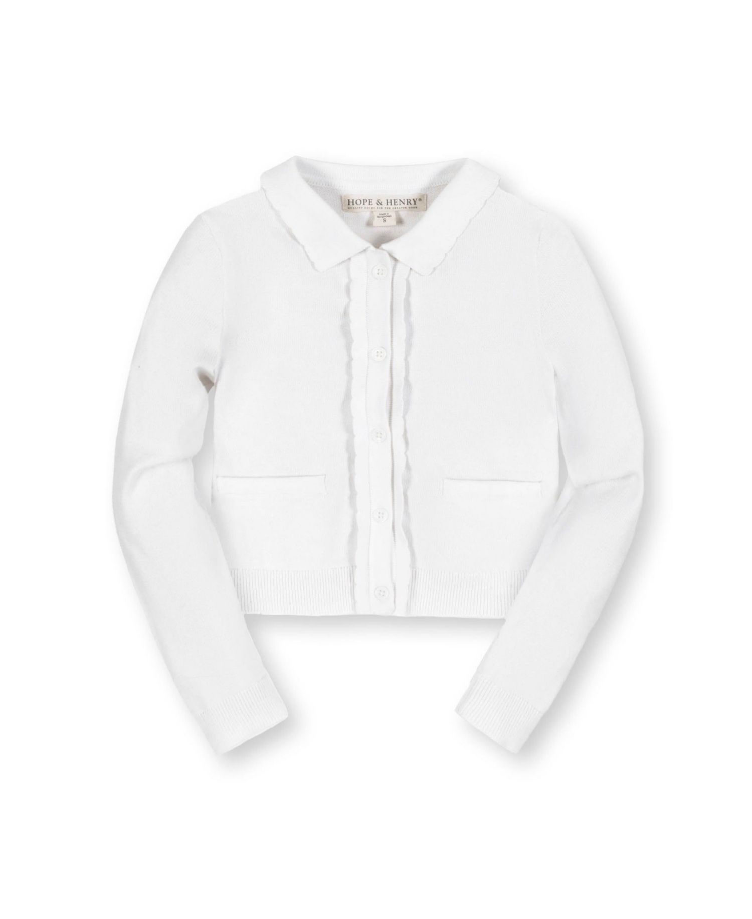 Hope and Henry Girls' Organic Long Sleeve Scallop Detail Cardigan Sweater, Kids