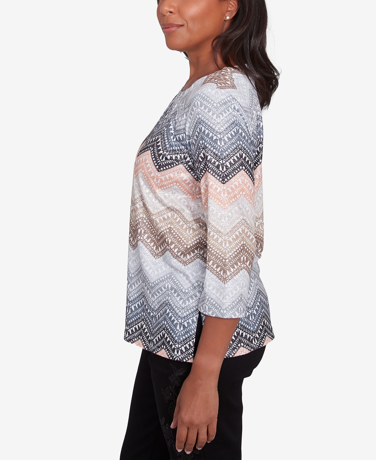 Alfred Dunner Petite Classics Lacey Ombre Chevron Crewneck Top In Tan