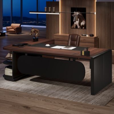 80'' L-Shaped Desk, Large Executive Office Desk with 55'' Drawers Cabinet, Modern Computer Table