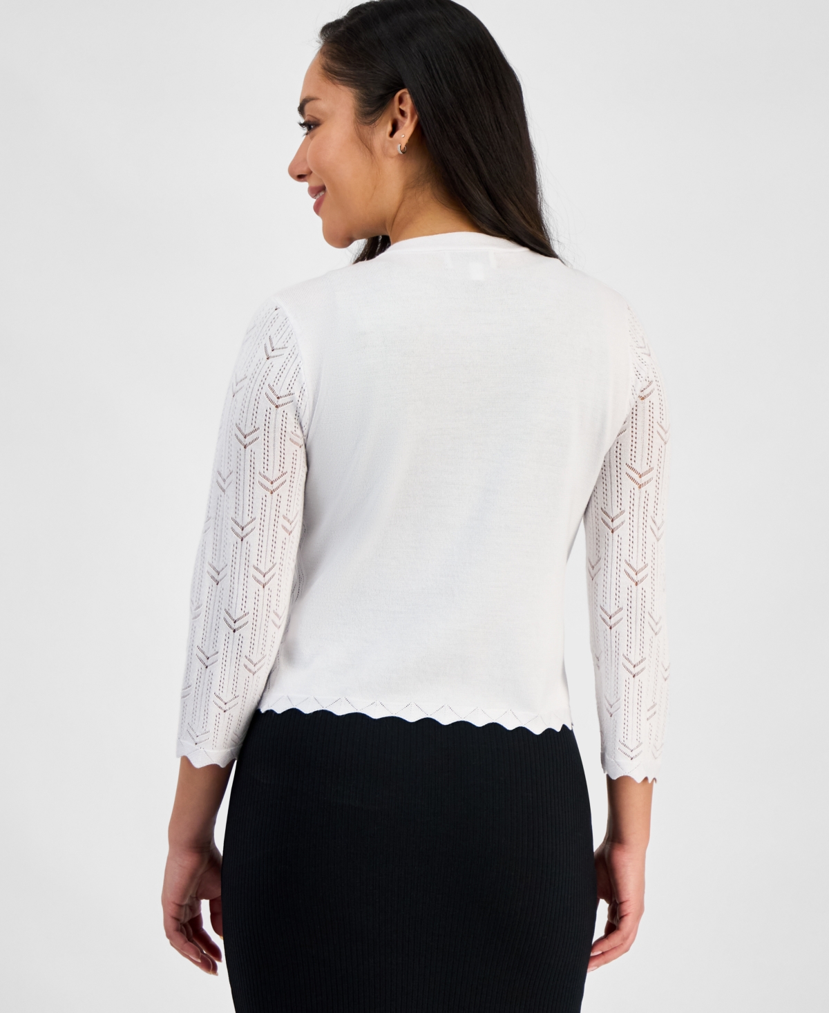 Robbie Bee Petite Pointelle Knit 3/4-sleeve Open-front Shrug In White