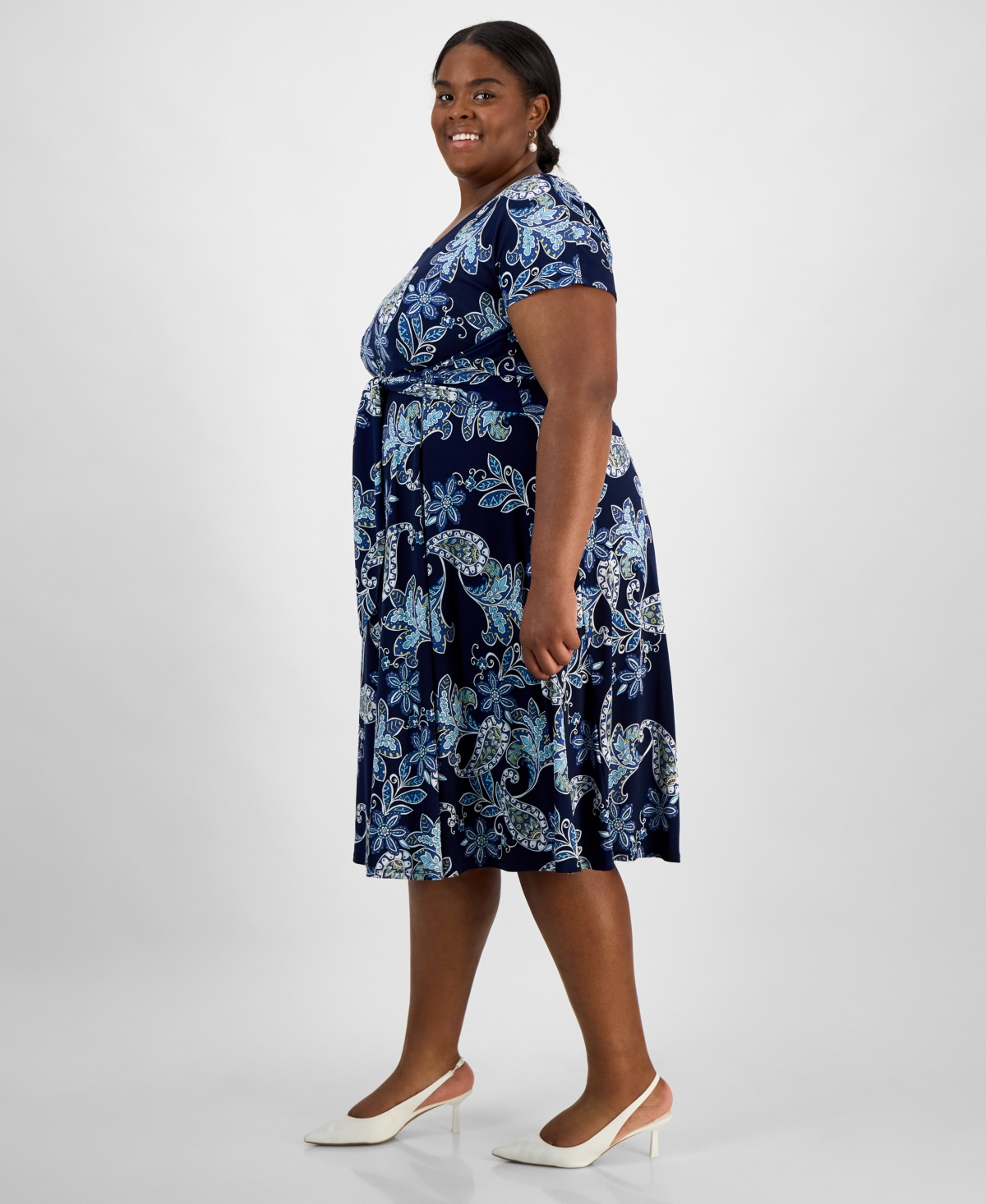 ROBBIE BEE PLUS SIZE PRINTED SHORT-SLEEVE MIDI DRESS 