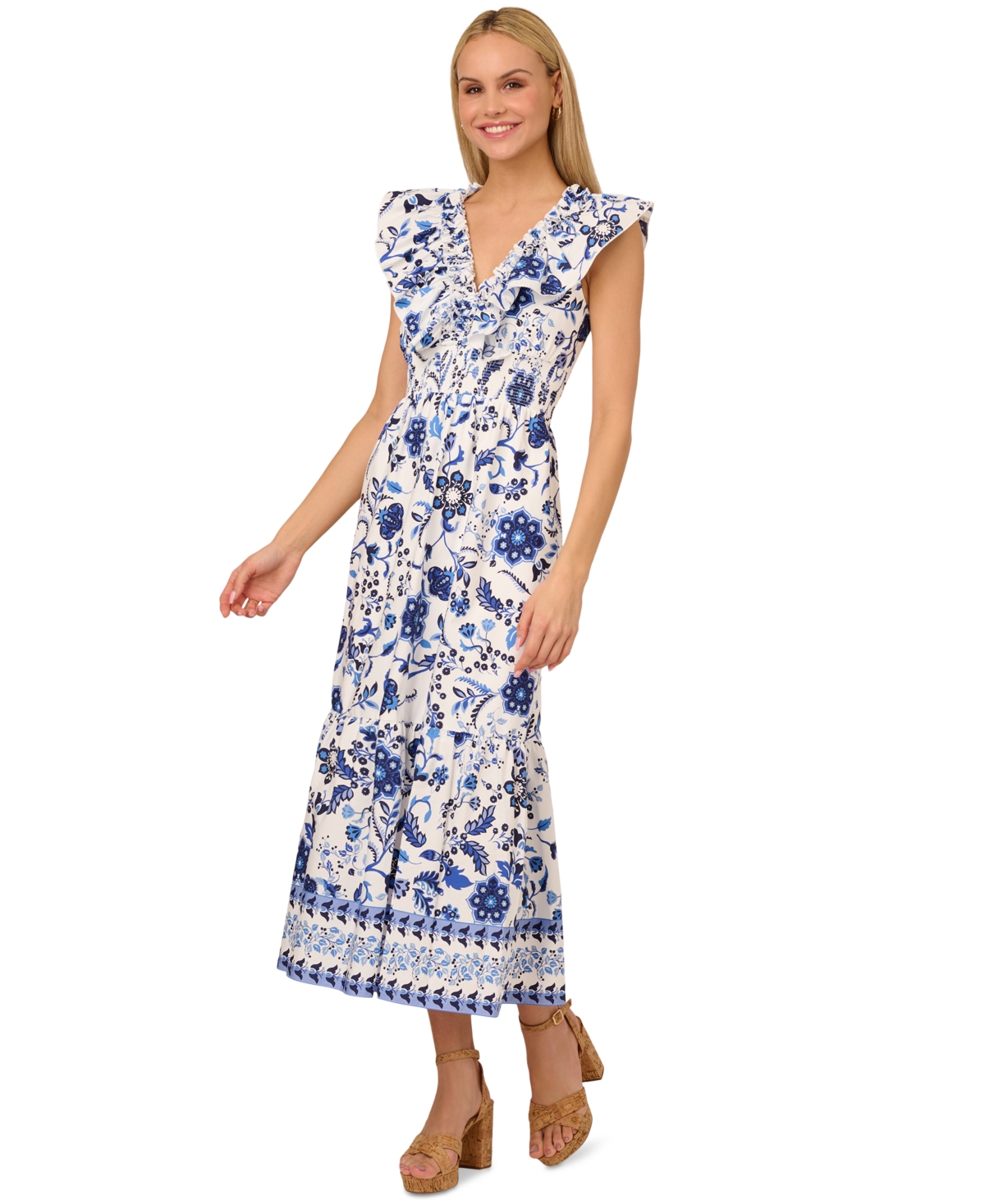 by Adrianna Papell Women's Cotton Ruffle V-Neck Midi Dress - Blue/white