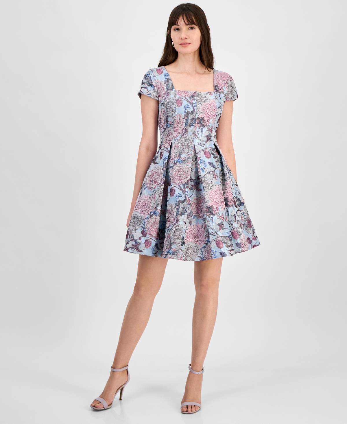 Tahari Women's Floral-Brocade Square-Neck Fit & Flare Dress - Ice Blue Multi