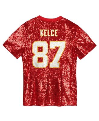 Big Girls Travis Kelce Red Kansas City Chiefs Sequin V-Neck Fashion Jersey