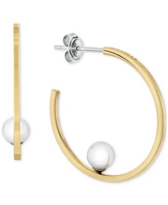 Gold-Tone Glass Pearl Medium Hoop Earrings , 1.2"