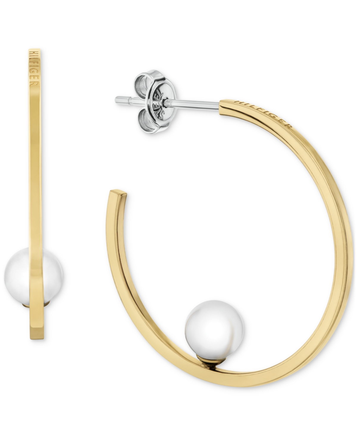Gold-Tone Glass Pearl Medium Hoop Earrings , 1.2" - Gold