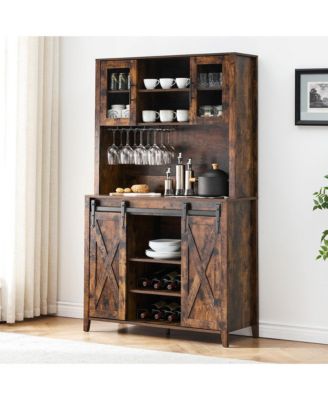 70" Farmhouse Bar Wine Cabinet with Sliding Barn Doors, Coffee Liquor Cabinets with Storage Shelves and Glasses Rack for Kitchen, Dining Room