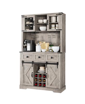 72" Farmhouse Bar Cabinet with Sliding Barn Door, Tall Kitchen Buffet with Storage Hutch and 3 Drawer, Rustic Coffee Wine Bar Sideboard with Wine & Glasses Rack, for Living Room
