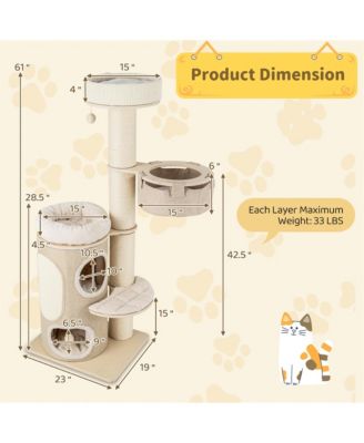 61'' Cat Tree for Indoor Cats w/ 2-stoery Condo Top Perch Sisal Scratching Posts