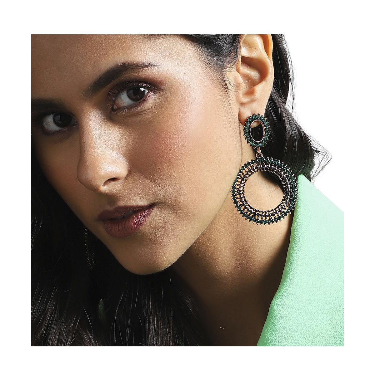 Sohi Circular Crystal Drop Earrings In Green