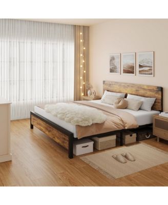 King Size Bed Frame with Wood Headboard, King Platform Bed Frame