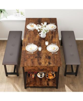 Dining Table Set with 2 Benches for 4 Kitchen Table Set with Storage Drawers & Wine Rack for Breakfast Nook and Small Space Dining Room Table Set with Metal Frame for Living Room