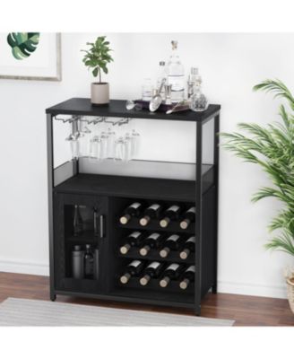 Wine Bar Cabinet with Detachable Wine Rack, Bar Rack Cabinet with Glass Holder and 1 Drawer, Mesh Door, Small Sideboard and Buffet Cabinet for Liquor and Glasses