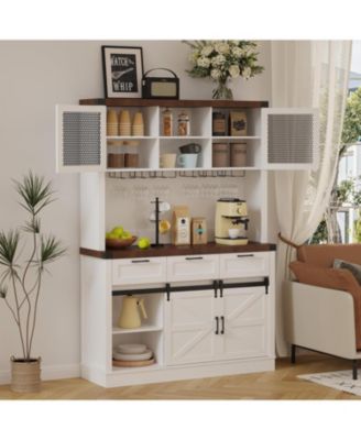 Modern Wine Bar Cabinets with Storage,68" Buffet Hutch Cabinet with Wine Glass Rack&Sliding Barn Door,Large Coffee Bar Sideboard Cabinet for Living Room/Farmhouse/Kitchen