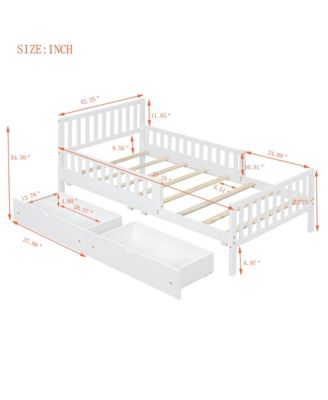 Wood Platform Bed with Guardrails on Both Sides and Two Storage Drawers