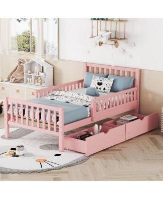 Wood Platform Bed with Guardrails on Both Sides and Two Storage Drawers
