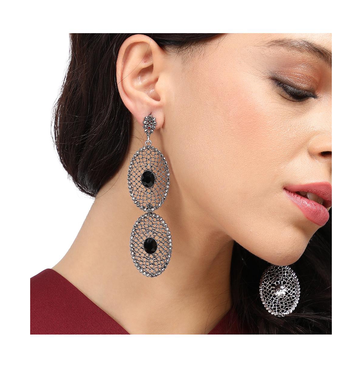 Sohi Intricate Stone Oval Long Drop Earrings In Black