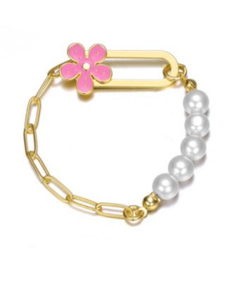 GiGiGirl 14K Gold Plated Bracelet with Pearls and Enamel Flower Clasp - Pink