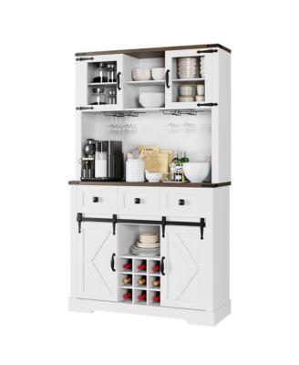 72" Farmhouse Bar Cabinet with Sliding Barn Door, Tall Kitchen Buffet with Storage Hutch and 3 Drawer, Rustic Coffee Wine Bar Sideboard with Wine & Glasses Rack, for Living Room