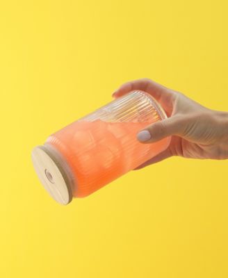 Fluted Glass Tumblers with Bamboo Lids and Straws, Set of 4