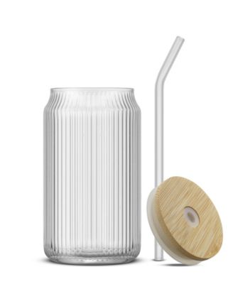 Fluted Glass Tumblers with Bamboo Lids and Straws, Set of 4