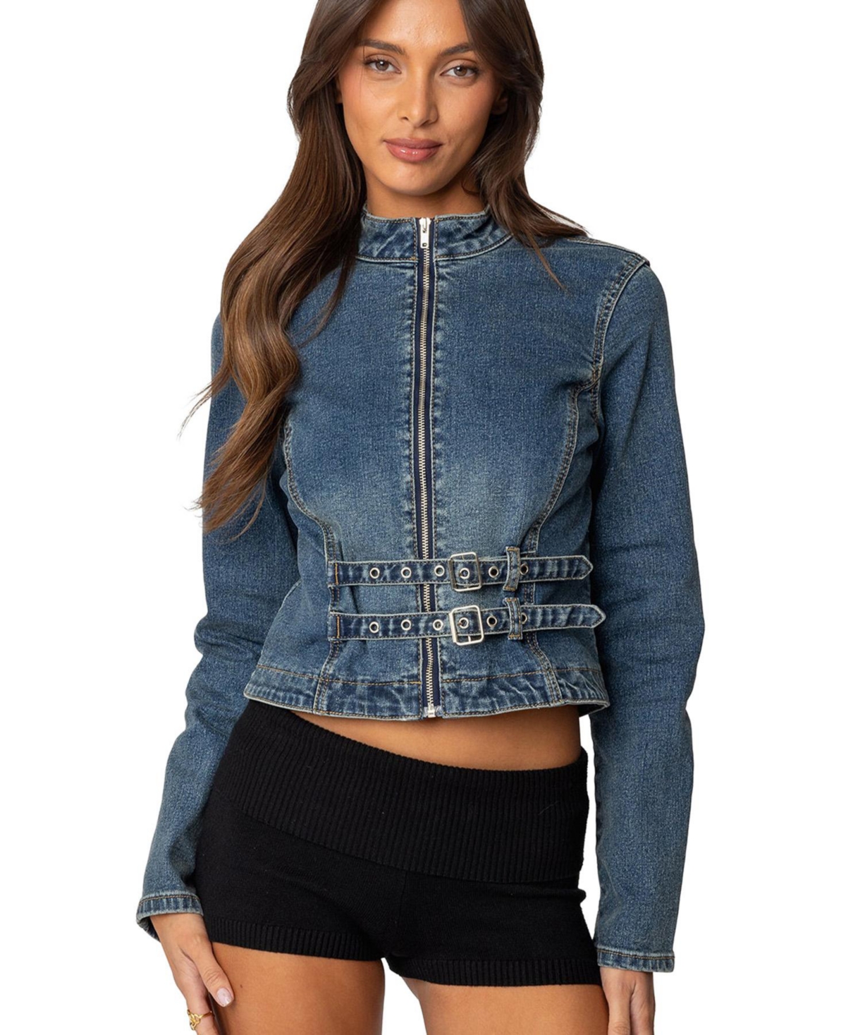 Women's Double Buckle Denim Jacket - Blue