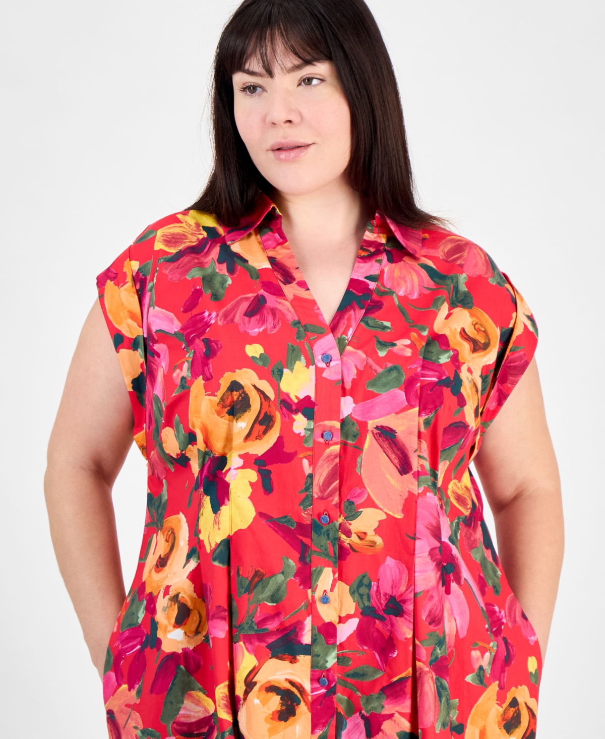 Julia Jordan Plus Size Floral-print Button-down Shirtdress In Red Multi