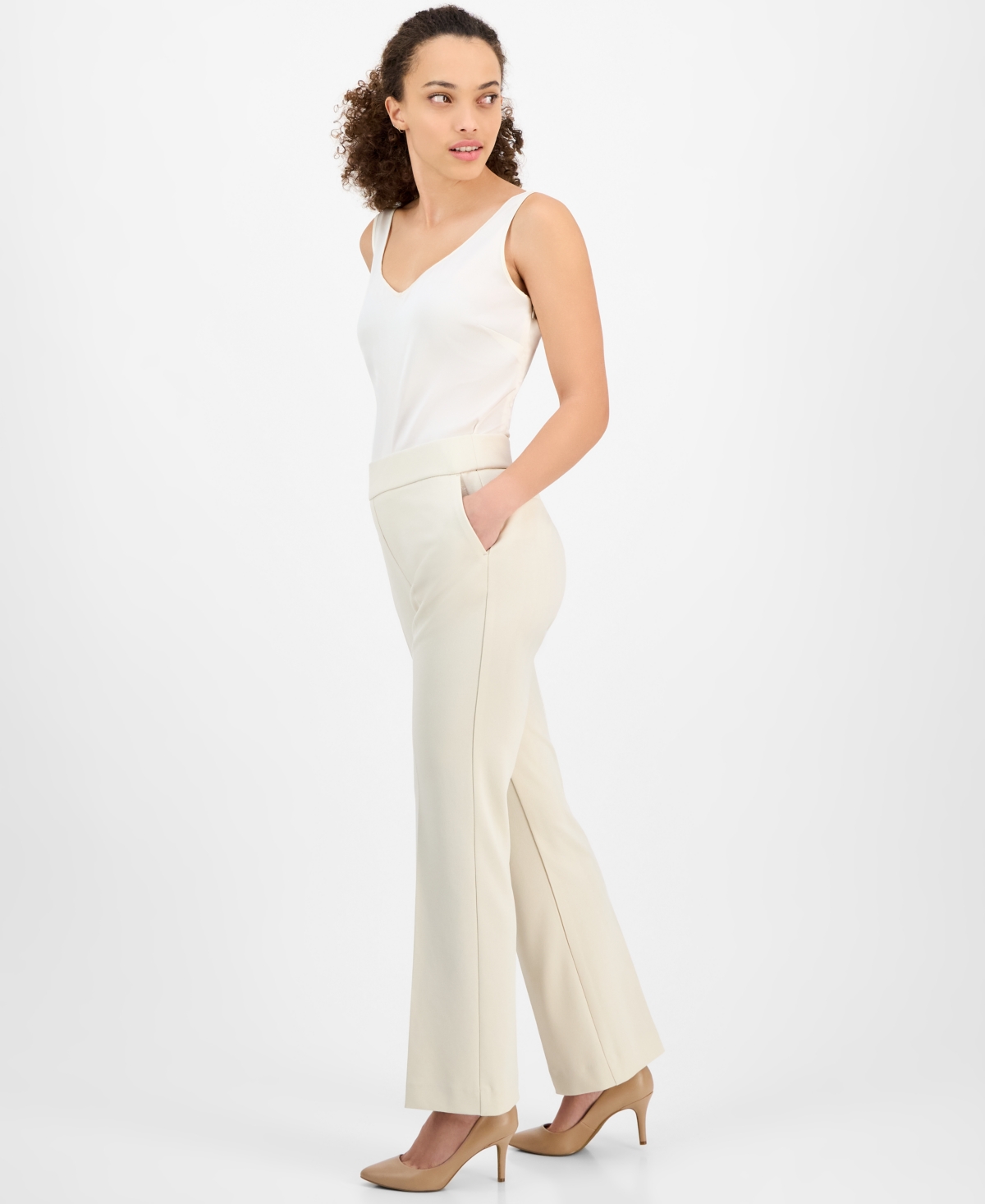 Ak Anne Klein Petite Pull-on Straight-leg Slash-pocket Pants In Soft Latte