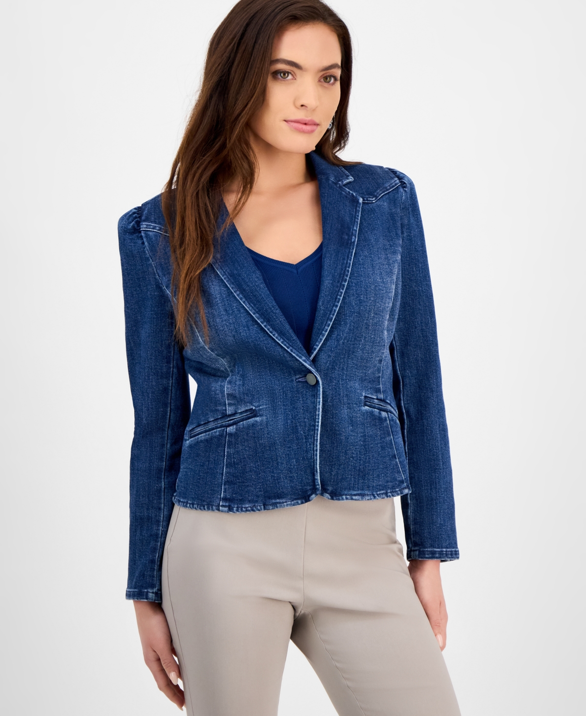 INC INTERNATIONAL CONCEPTS PETITE PUFF-SLEEVE DENIM BLAZER, CREATED FOR MACY'S 