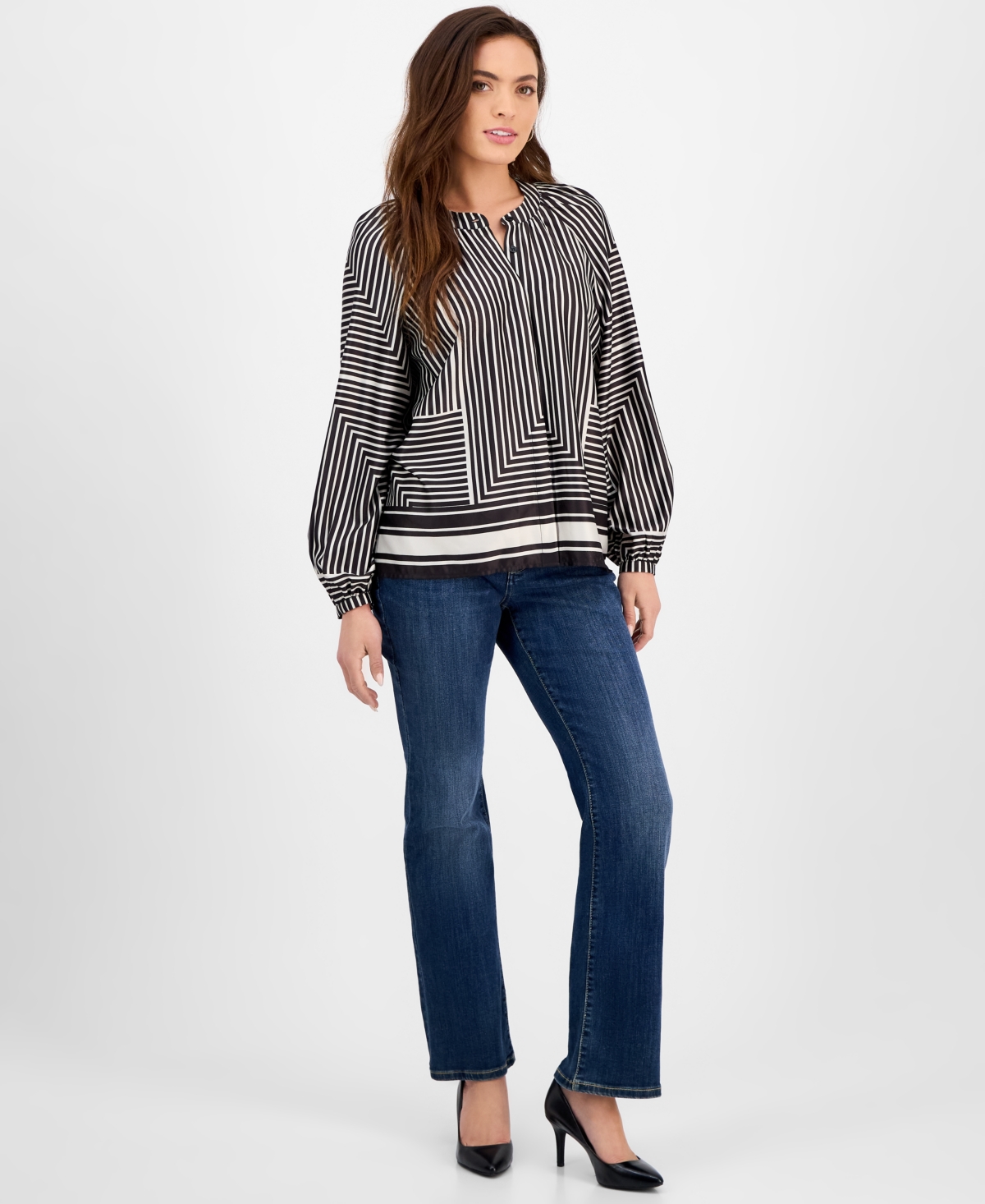 Inc International Concepts Petite Polished Printed Popover Blouse, Exclusively At Macy's In Tyra Stripe