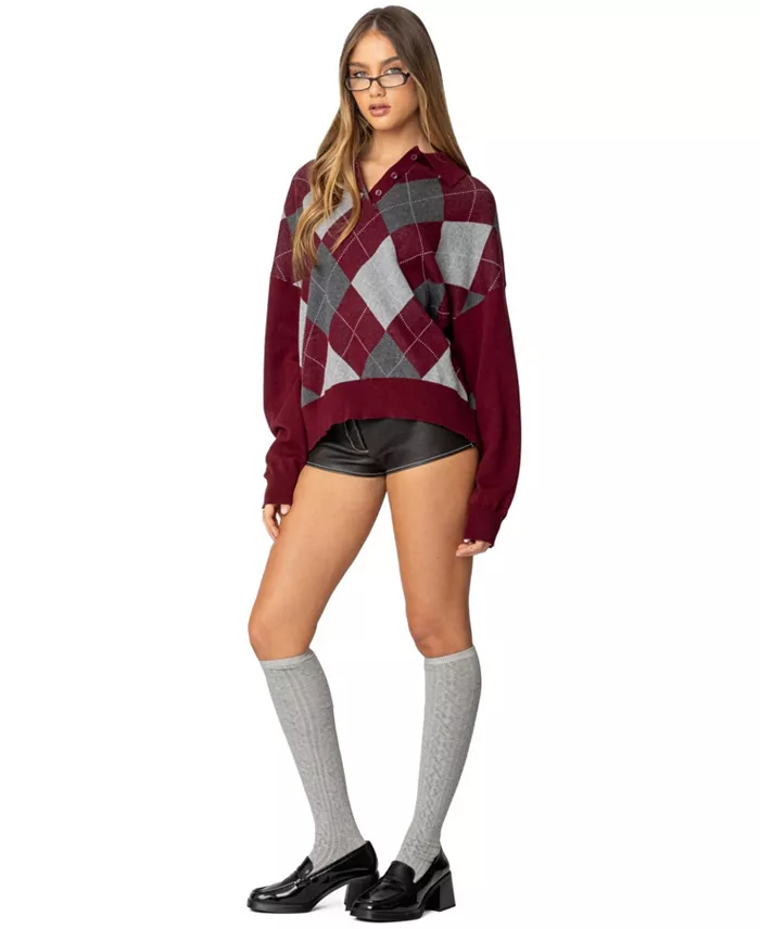 Women's Argyle Oversized Polo Sweater - thumbnail 3