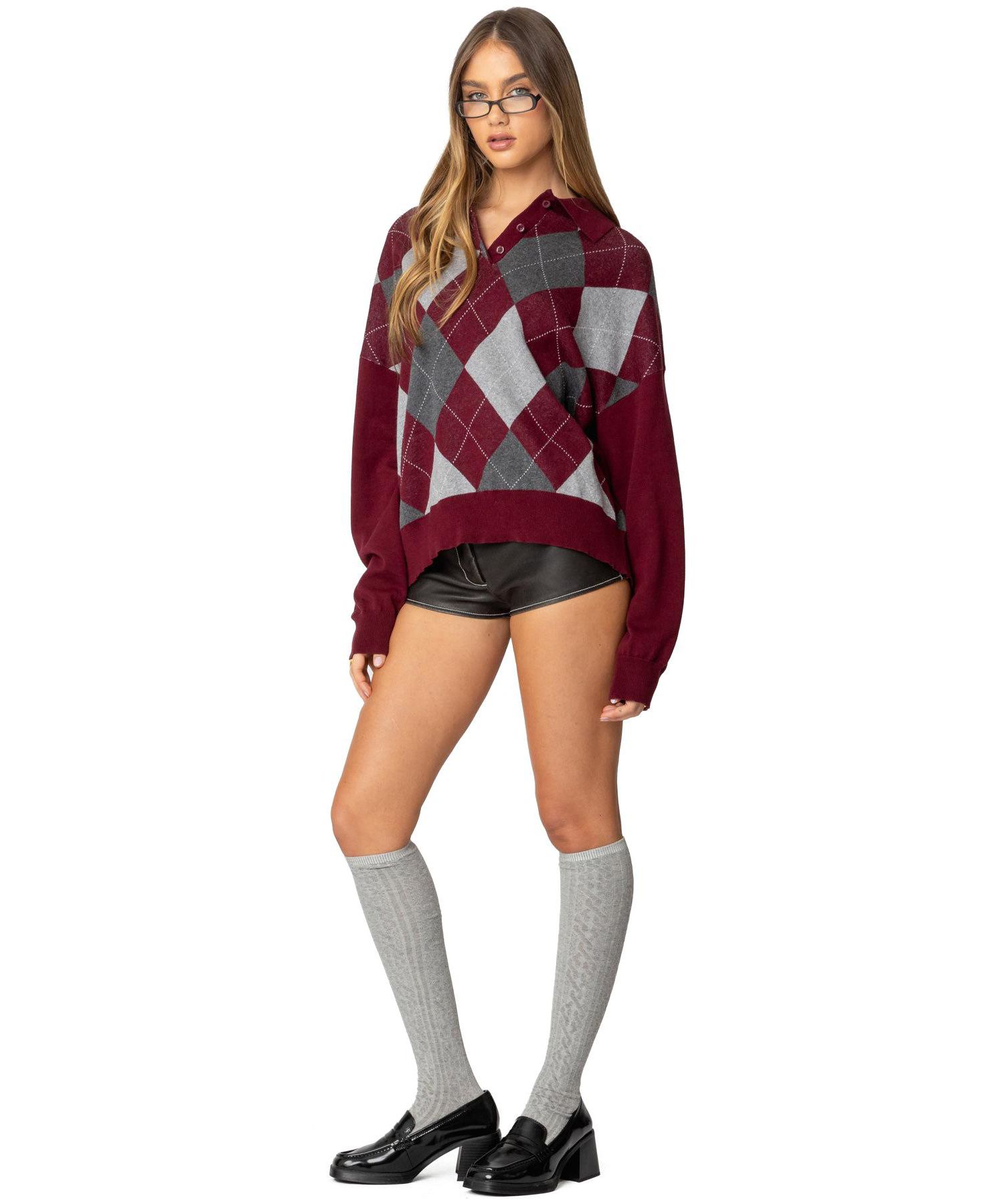 Women's Argyle Oversized Polo Sweater