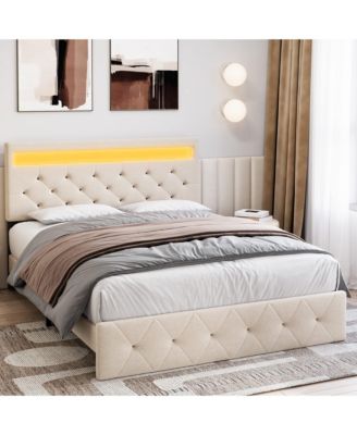 Full Size Bed Frame with Charging Station and LED Lights